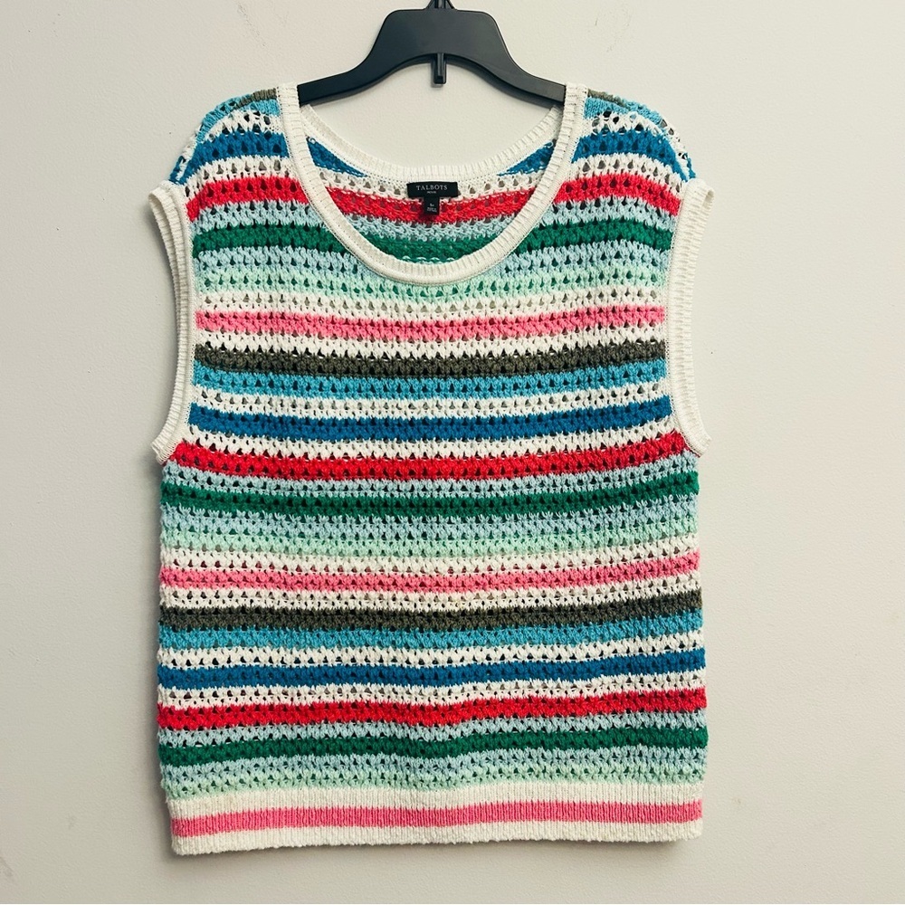 Talbots Crochet Knit Top Sleeveless Colorful Rainbow Stripe Size S Petite